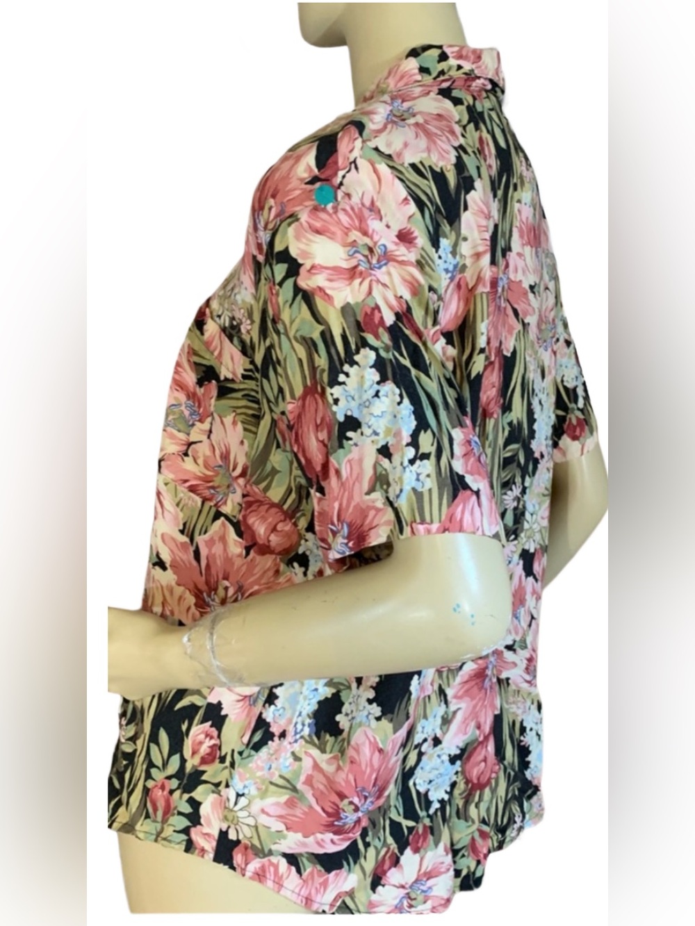 VINTAGE 1980'S PINK, BLACK & GREEN FLORAL PRINT TEDDI BLOUSE (MP) - Picture 7 of 13